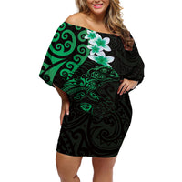 New Zealand Tuatara Plumeria Off Shoulder Short Dress Maori Green Koru Tribal Tattoo LT01 Women Green - Polynesian Pride