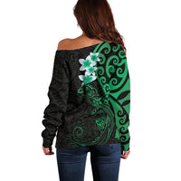 New Zealand Tuatara Plumeria Off Shoulder Sweater Maori Green Koru Tribal Tattoo
