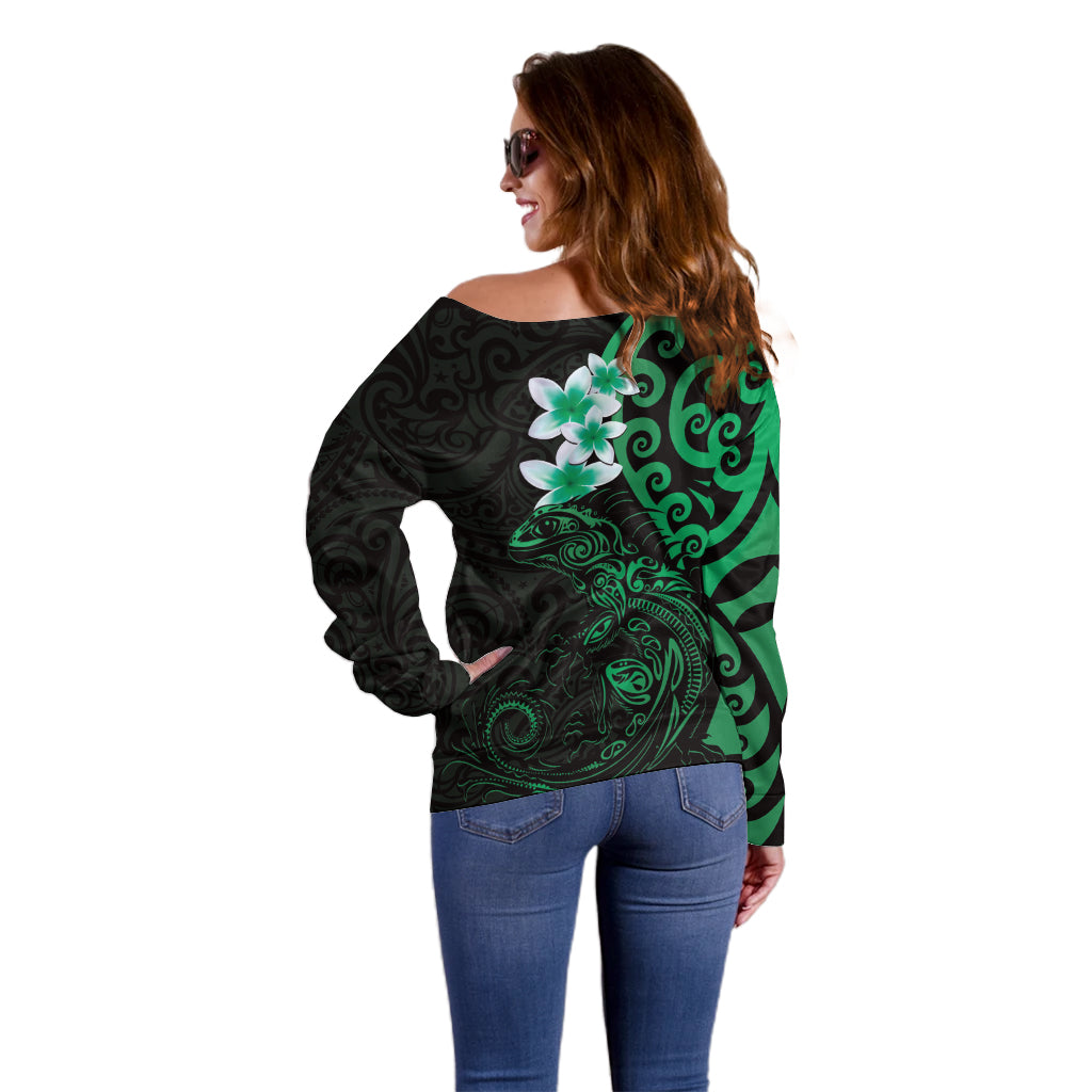 New Zealand Tuatara Plumeria Off Shoulder Sweater Maori Green Koru Tribal Tattoo