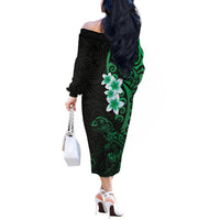 New Zealand Tuatara Plumeria Off The Shoulder Long Sleeve Dress Maori Green Koru Tribal Tattoo LT01 - Polynesian Pride