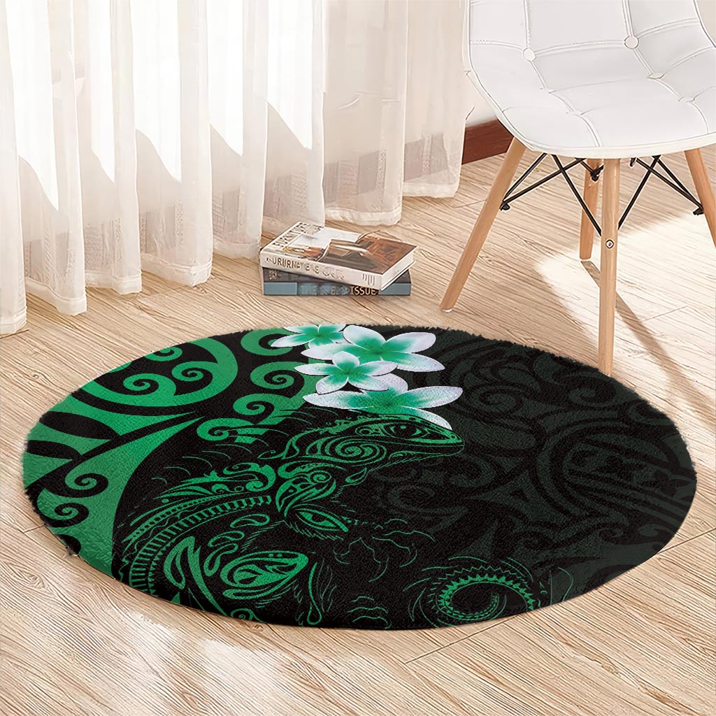 New Zealand Tuatara Plumeria Round Carpet Maori Green Koru Tribal Tattoo