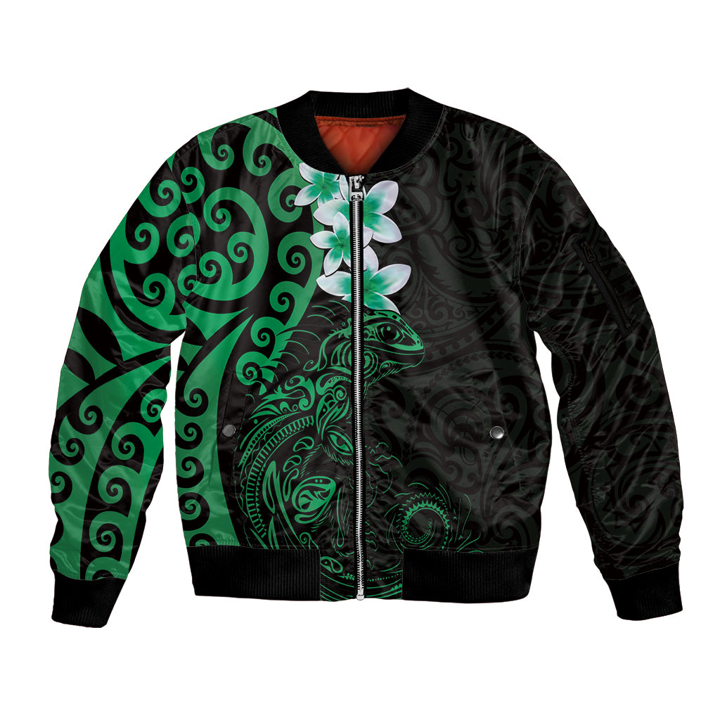 New Zealand Tuatara Plumeria Sleeve Zip Bomber Jacket Maori Green Koru Tribal Tattoo LT01 Unisex Green - Polynesian Pride