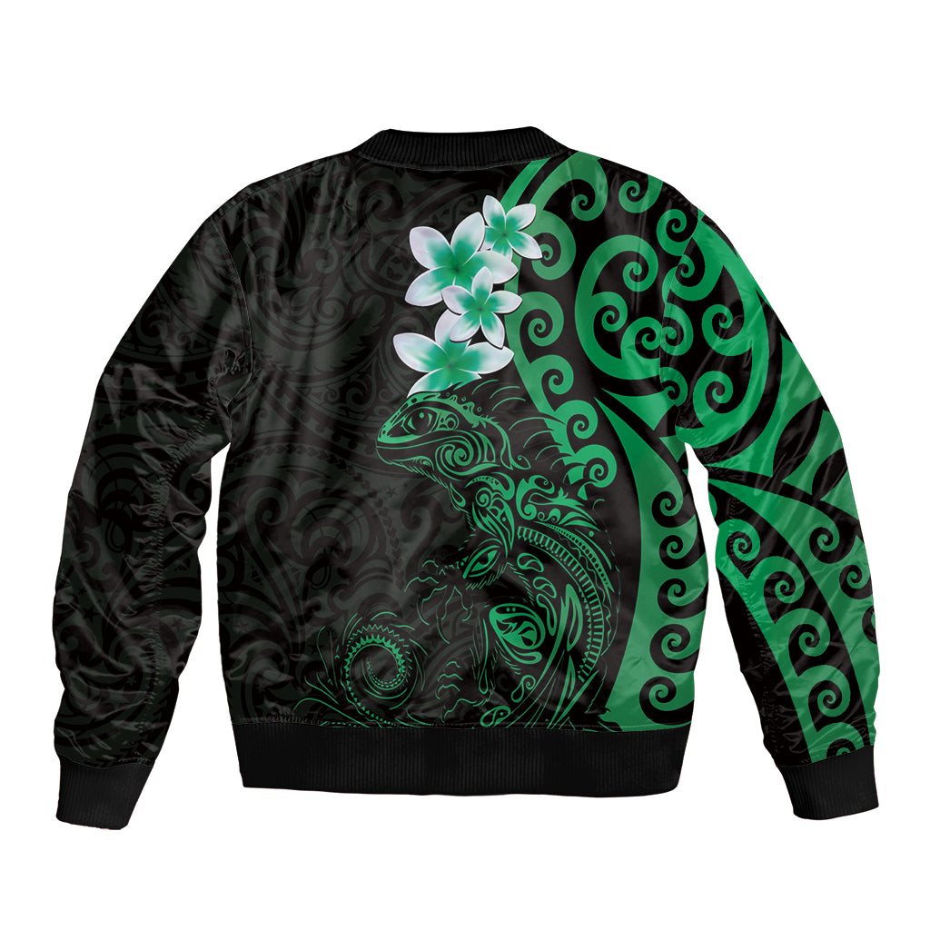 New Zealand Tuatara Plumeria Sleeve Zip Bomber Jacket Maori Green Koru Tribal Tattoo LT01 - Polynesian Pride