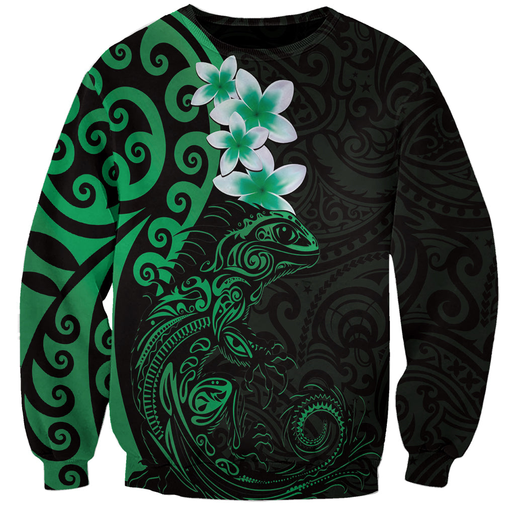 New Zealand Tuatara Plumeria Sweatshirt Maori Green Koru Tribal Tattoo