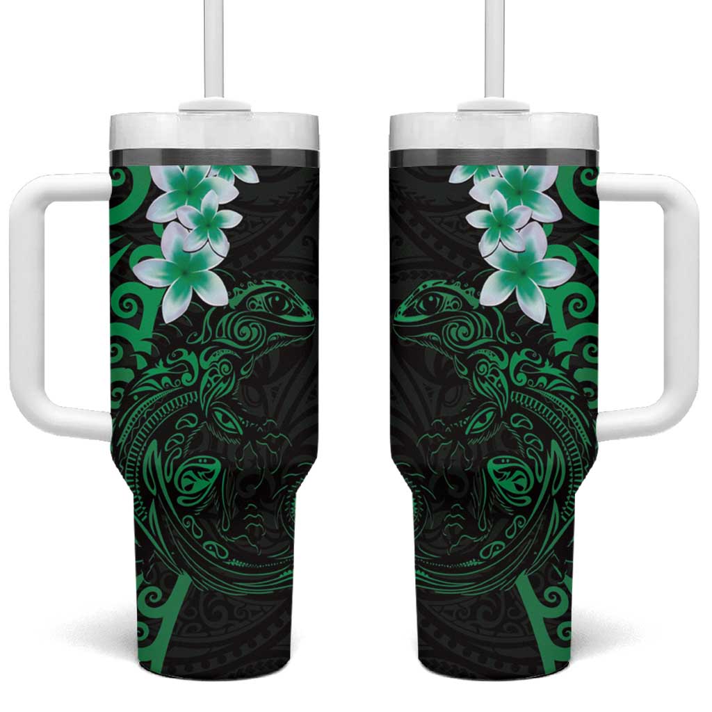 New Zealand Tuatara Plumeria Tumbler With Handle Maori Green Koru Tribal Tattoo