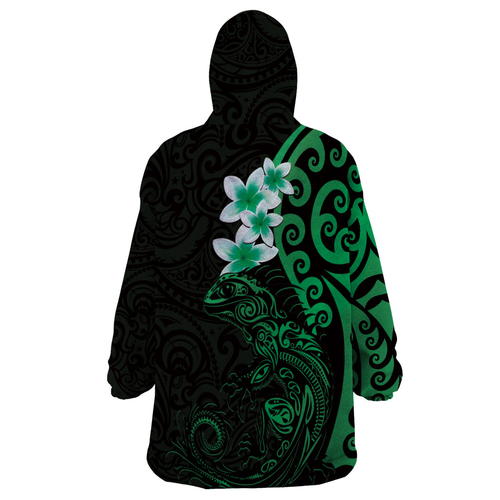 New Zealand Tuatara Plumeria Wearable Blanket Hoodie Maori Green Koru Tribal Tattoo