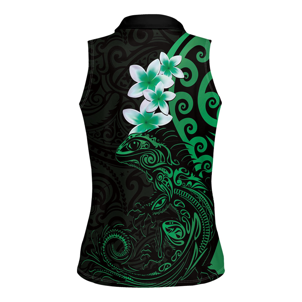 New Zealand Tuatara Plumeria Women Sleeveless Polo Shirt Maori Green Koru Tribal Tattoo