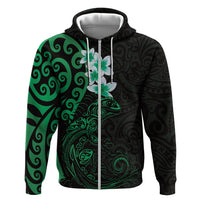 New Zealand Tuatara Plumeria Zip Hoodie Maori Green Koru Tribal Tattoo LT01 Zip Hoodie Green - Polynesian Pride