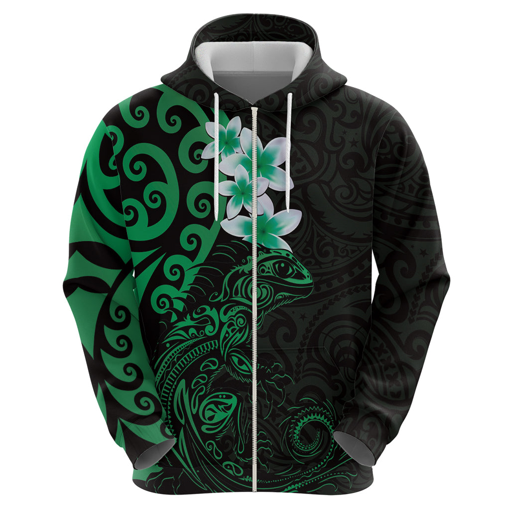 New Zealand Tuatara Plumeria Zip Hoodie Maori Green Koru Tribal Tattoo LT01 - Polynesian Pride