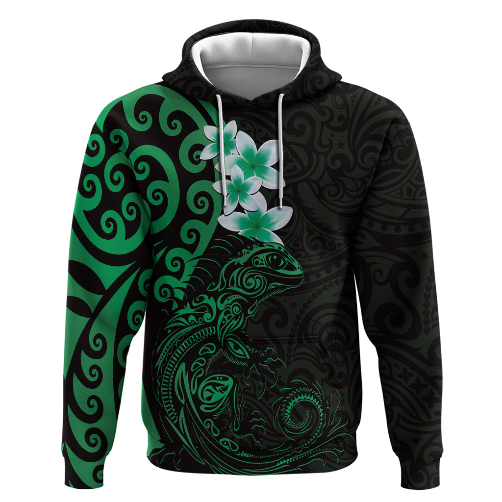 New Zealand Tuatara Plumeria Zip Hoodie Maori Green Koru Tribal Tattoo LT01 Pullover Hoodie Green - Polynesian Pride