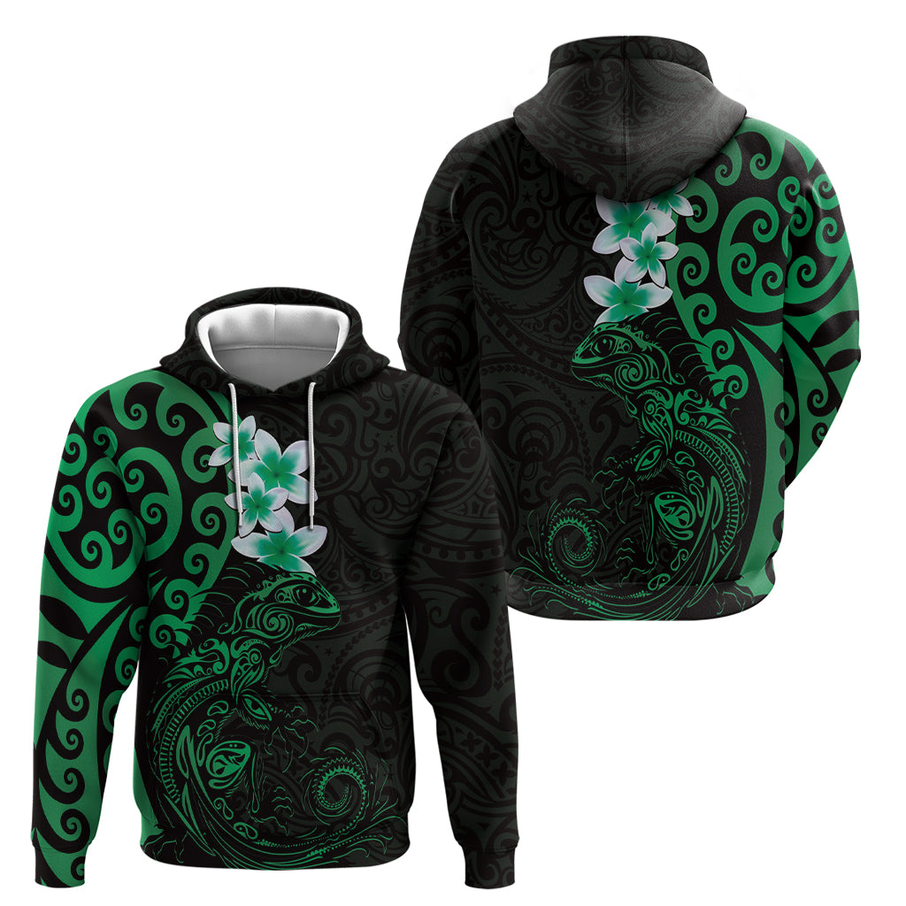 New Zealand Tuatara Plumeria Zip Hoodie Maori Green Koru Tribal Tattoo LT01 - Polynesian Pride