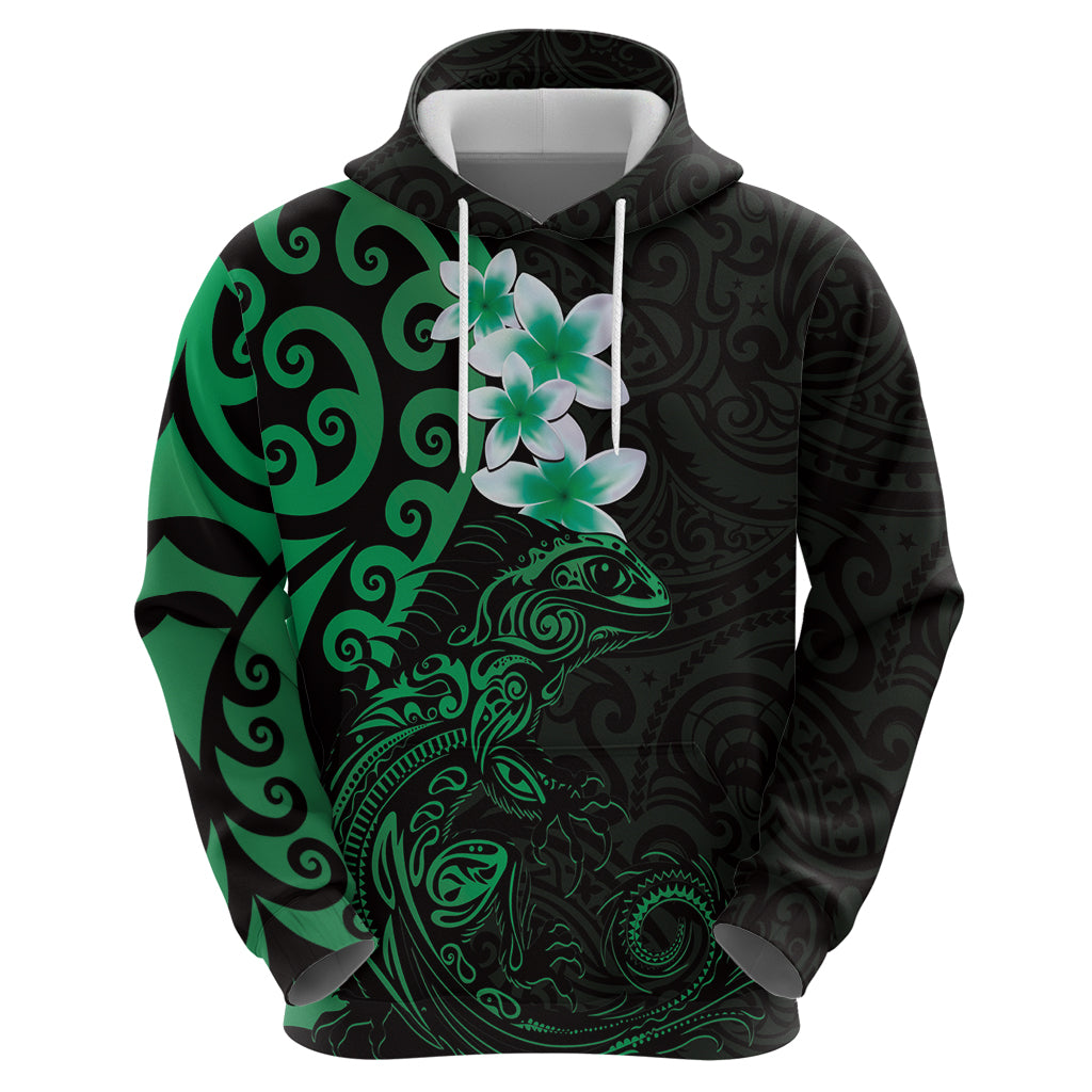 New Zealand Tuatara Plumeria Zip Hoodie Maori Green Koru Tribal Tattoo LT01 - Polynesian Pride