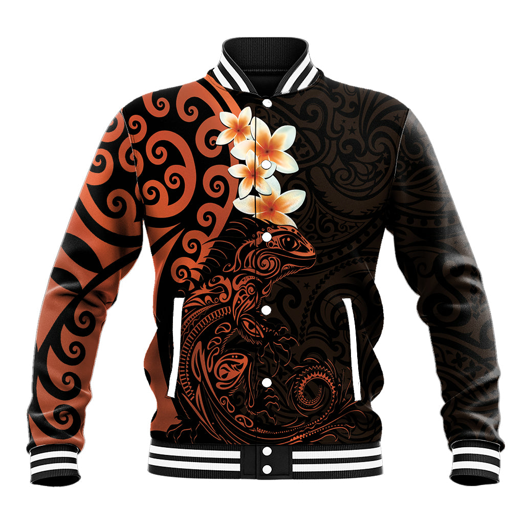 New Zealand Tuatara Plumeria Baseball Jacket Maori Orange Koru Tribal Tattoo