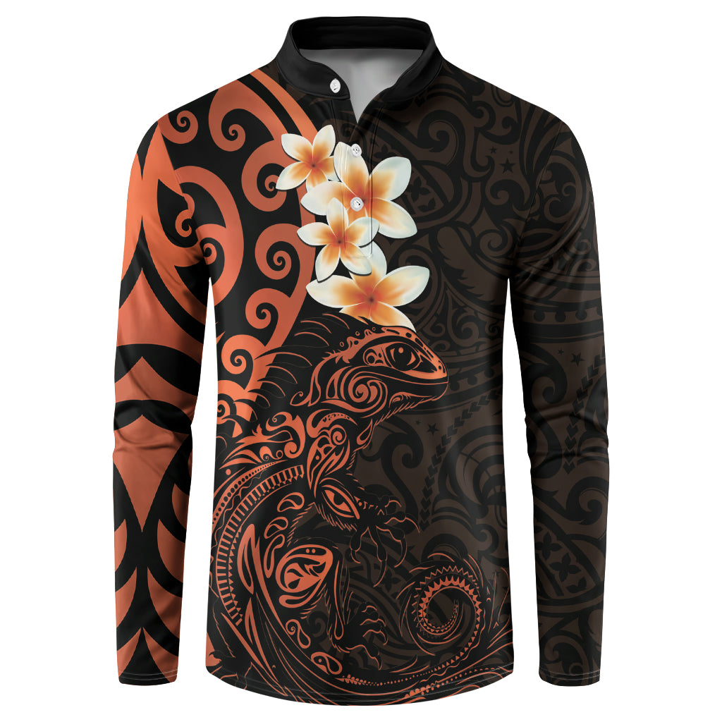 New Zealand Tuatara Plumeria Button Sweatshirt Maori Orange Koru Tribal Tattoo LT01 Orange - Polynesian Pride