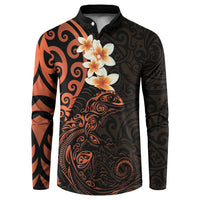 New Zealand Tuatara Plumeria Button Sweatshirt Maori Orange Koru Tribal Tattoo LT01 Orange - Polynesian Pride