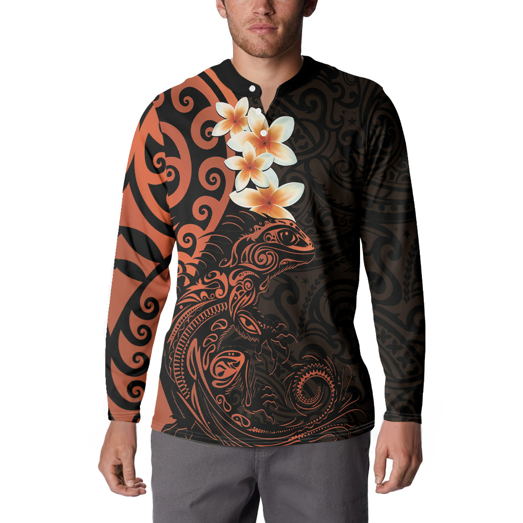 New Zealand Tuatara Plumeria Button Sweatshirt Maori Orange Koru Tribal Tattoo LT01 - Polynesian Pride