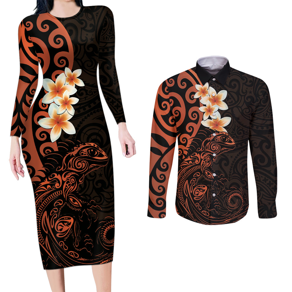 New Zealand Tuatara Plumeria Couples Matching Long Sleeve Bodycon Dress and Long Sleeve Button Shirt Maori Orange Koru Tribal Tattoo