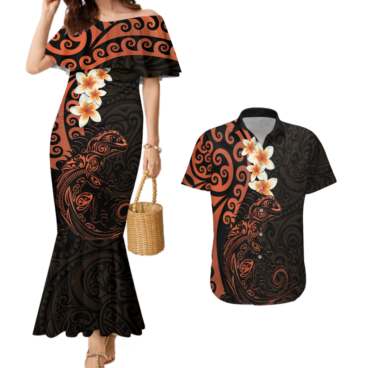 New Zealand Tuatara Plumeria Couples Matching Mermaid Dress and Hawaiian Shirt Maori Orange Koru Tribal Tattoo