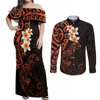 New Zealand Tuatara Plumeria Couples Matching Off Shoulder Maxi Dress and Long Sleeve Button Shirt Maori Orange Koru Tribal Tattoo LT01 Orange - Polynesian Pride