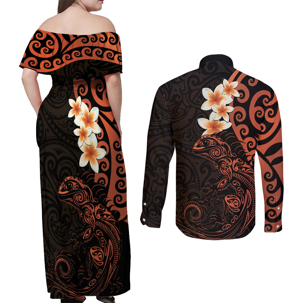 New Zealand Tuatara Plumeria Couples Matching Off Shoulder Maxi Dress and Long Sleeve Button Shirt Maori Orange Koru Tribal Tattoo LT01 - Polynesian Pride