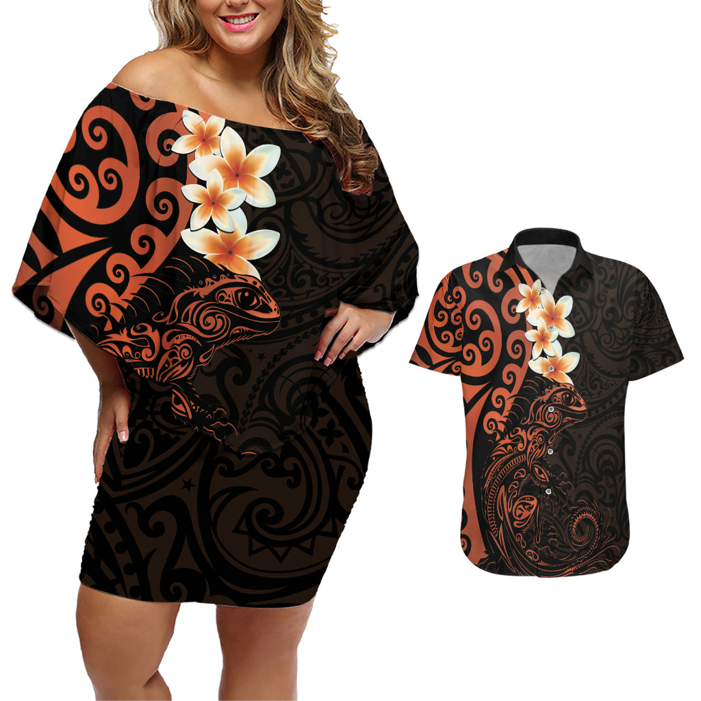 New Zealand Tuatara Plumeria Couples Matching Off Shoulder Short Dress and Hawaiian Shirt Maori Orange Koru Tribal Tattoo