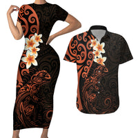 New Zealand Tuatara Plumeria Couples Matching Short Sleeve Bodycon Dress and Hawaiian Shirt Maori Orange Koru Tribal Tattoo LT01 Orange - Polynesian Pride