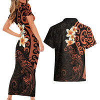New Zealand Tuatara Plumeria Couples Matching Short Sleeve Bodycon Dress and Hawaiian Shirt Maori Orange Koru Tribal Tattoo LT01 - Polynesian Pride