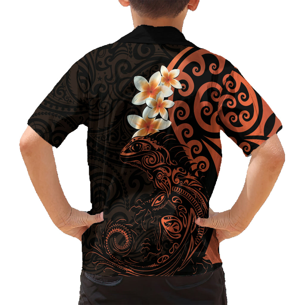 New Zealand Tuatara Plumeria Family Matching Long Sleeve Bodycon Dress and Hawaiian Shirt Maori Orange Koru Tribal Tattoo LT01 - Polynesian Pride