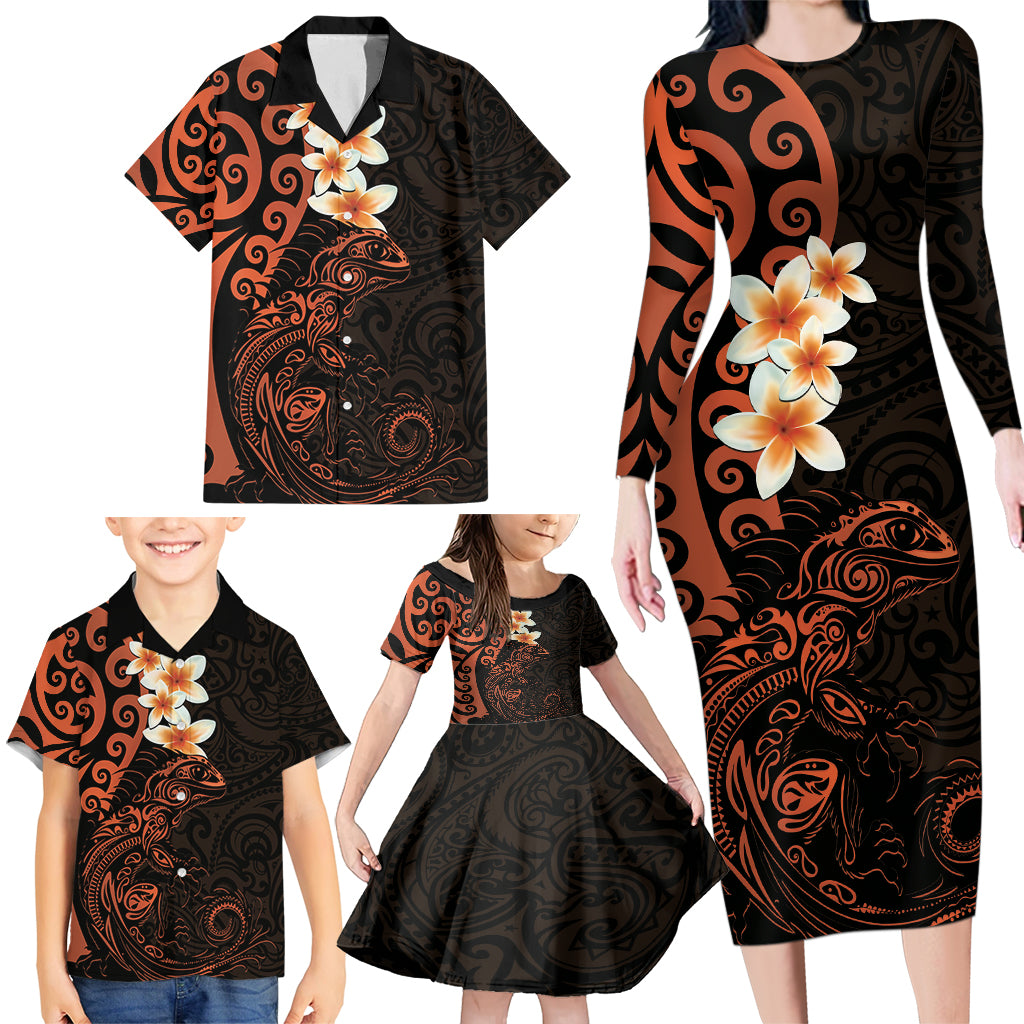 New Zealand Tuatara Plumeria Family Matching Long Sleeve Bodycon Dress and Hawaiian Shirt Maori Orange Koru Tribal Tattoo LT01 - Polynesian Pride