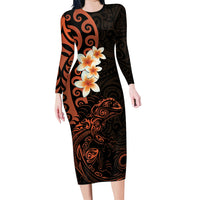 New Zealand Tuatara Plumeria Family Matching Long Sleeve Bodycon Dress and Hawaiian Shirt Maori Orange Koru Tribal Tattoo LT01 Mom's Dress Orange - Polynesian Pride