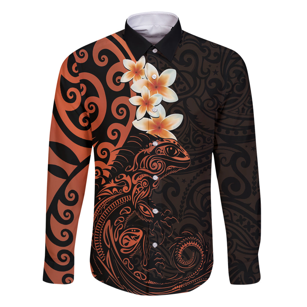New Zealand Tuatara Plumeria Family Matching Mermaid Dress and Hawaiian Shirt Maori Orange Koru Tribal Tattoo LT01 Dad's Shirt - Long Sleeve Orange - Polynesian Pride