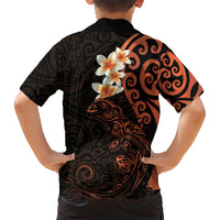 New Zealand Tuatara Plumeria Family Matching Short Sleeve Bodycon Dress and Hawaiian Shirt Maori Orange Koru Tribal Tattoo LT01 - Polynesian Pride