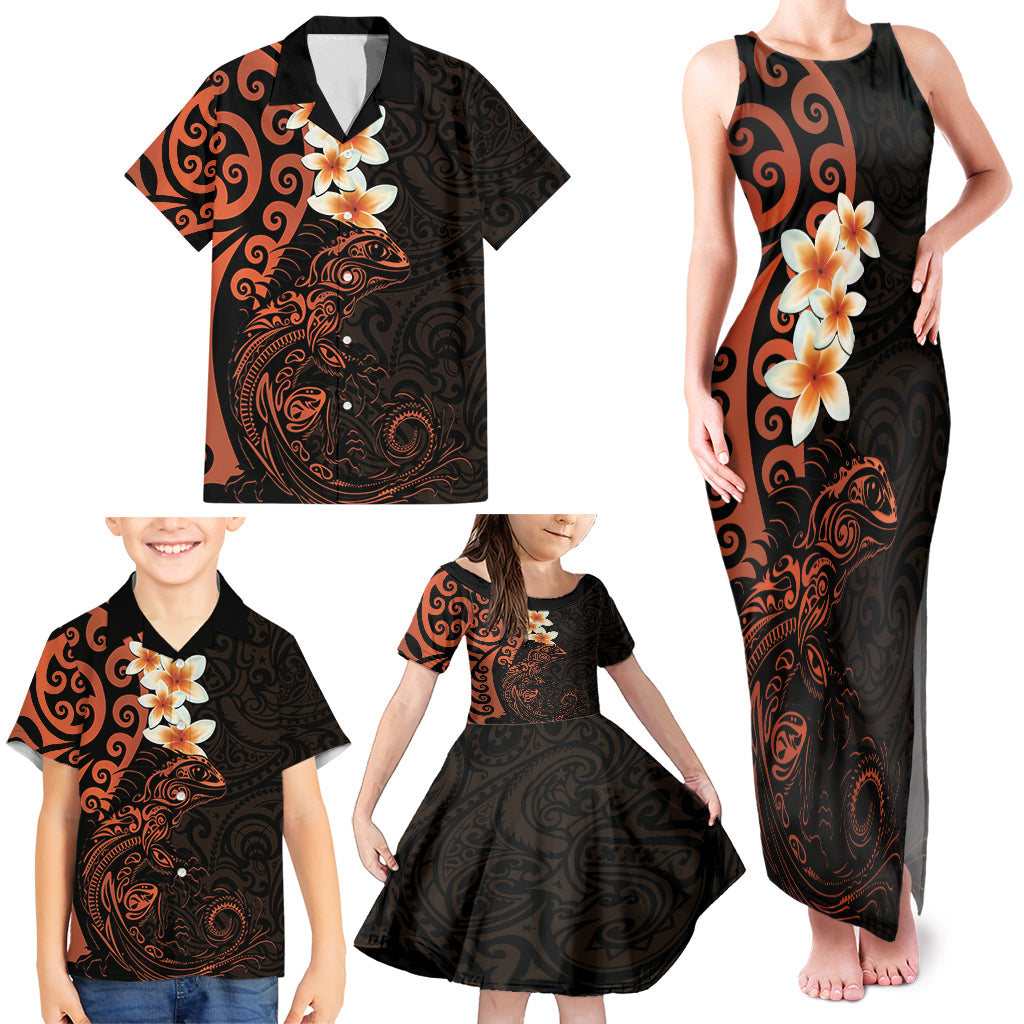 New Zealand Tuatara Plumeria Family Matching Tank Maxi Dress and Hawaiian Shirt Maori Orange Koru Tribal Tattoo