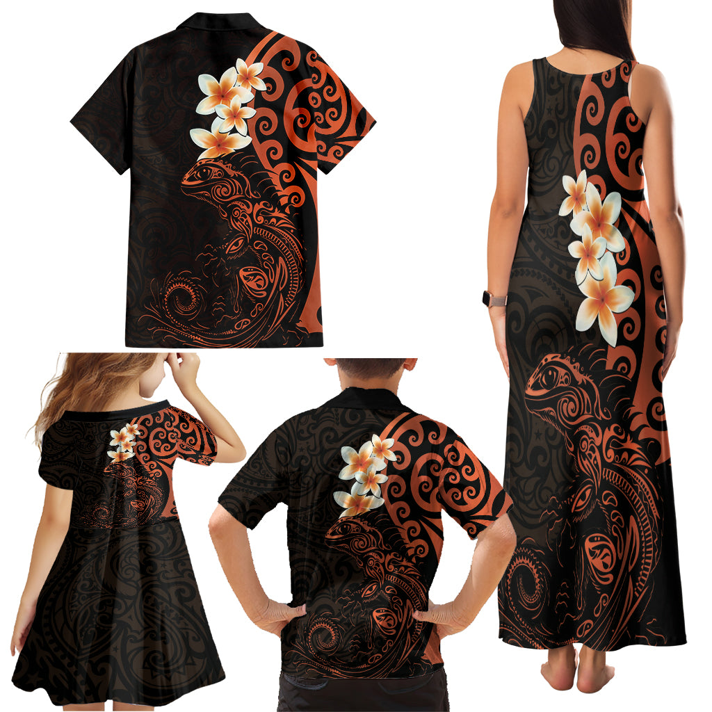 New Zealand Tuatara Plumeria Family Matching Tank Maxi Dress and Hawaiian Shirt Maori Orange Koru Tribal Tattoo