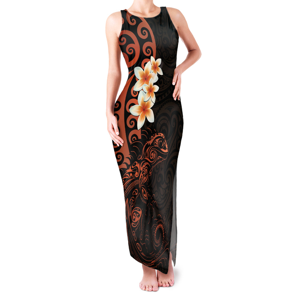New Zealand Tuatara Plumeria Family Matching Tank Maxi Dress and Hawaiian Shirt Maori Orange Koru Tribal Tattoo