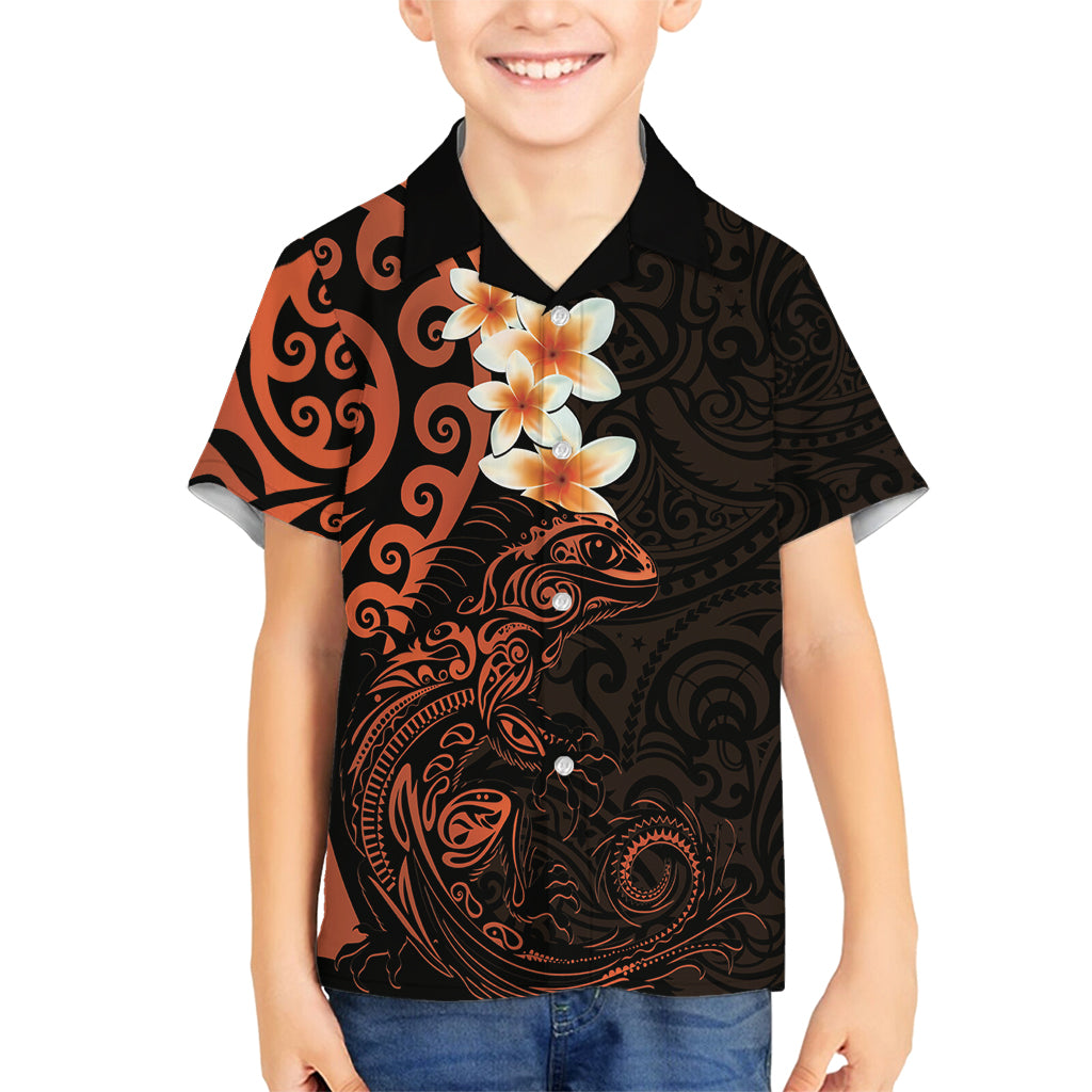 New Zealand Tuatara Plumeria Family Matching Tank Maxi Dress and Hawaiian Shirt Maori Orange Koru Tribal Tattoo