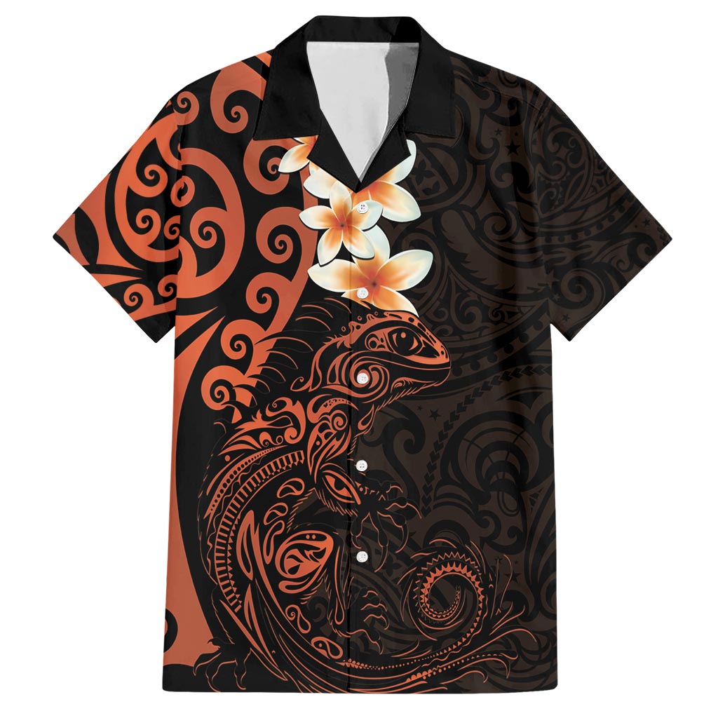 New Zealand Tuatara Plumeria Hawaiian Shirt Maori Orange Koru Tribal Tattoo