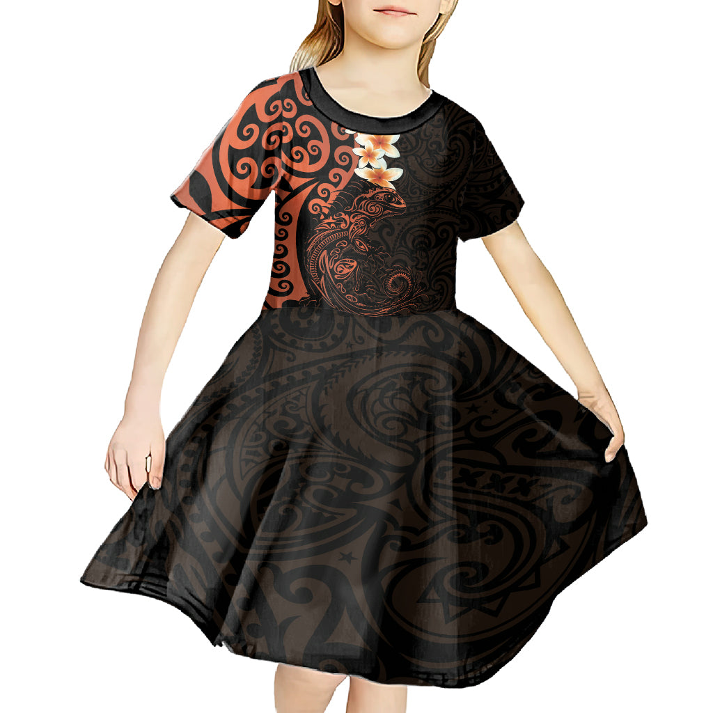 New Zealand Tuatara Plumeria Kid Short Sleeve Dress Maori Orange Koru Tribal Tattoo LT01 - Polynesian Pride