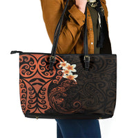 New Zealand Tuatara Plumeria Leather Tote Bag Maori Orange Koru Tribal Tattoo LT01 - Polynesian Pride