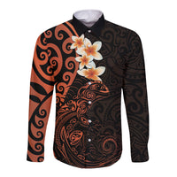 New Zealand Tuatara Plumeria Long Sleeve Button Shirt Maori Orange Koru Tribal Tattoo