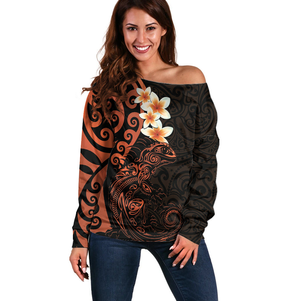 New Zealand Tuatara Plumeria Off Shoulder Sweater Maori Orange Koru Tribal Tattoo