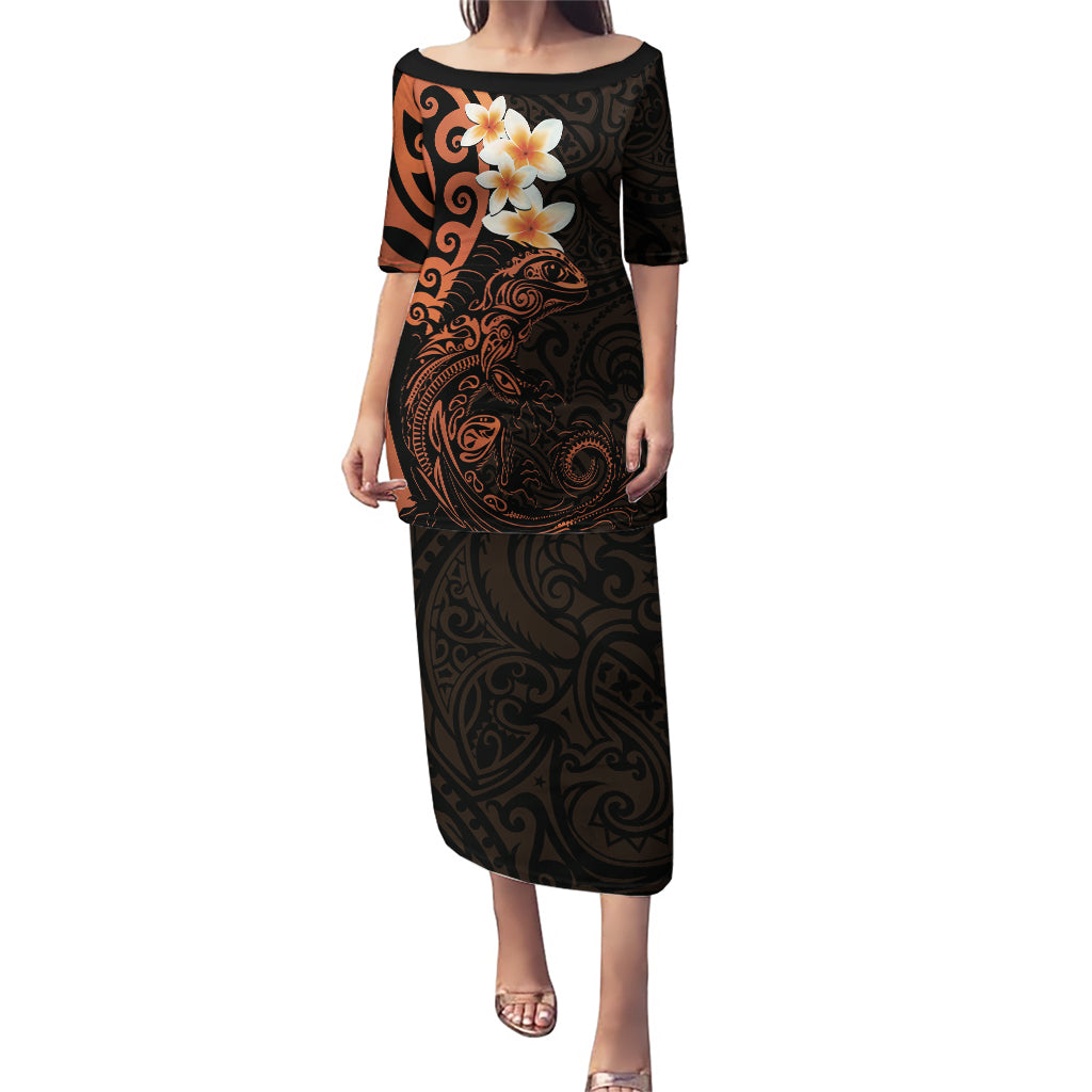 New Zealand Tuatara Plumeria Puletasi Maori Orange Koru Tribal Tattoo LT01 Long Dress Orange - Polynesian Pride