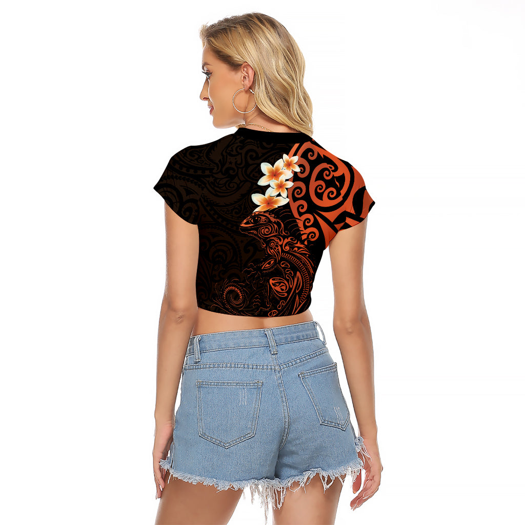 New Zealand Tuatara Plumeria Raglan Cropped T Shirt Maori Orange Koru Tribal Tattoo