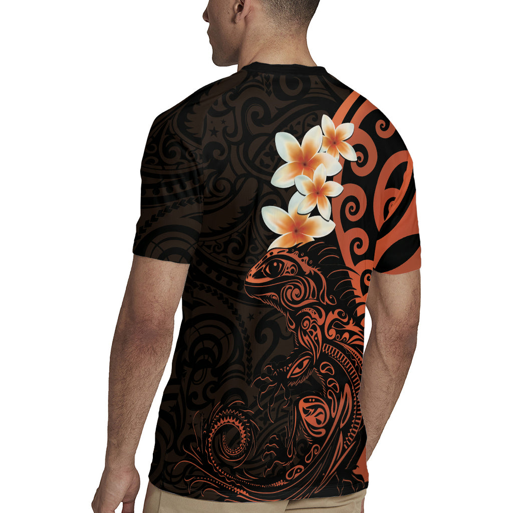 New Zealand Tuatara Plumeria Rugby Jersey Maori Orange Koru Tribal Tattoo