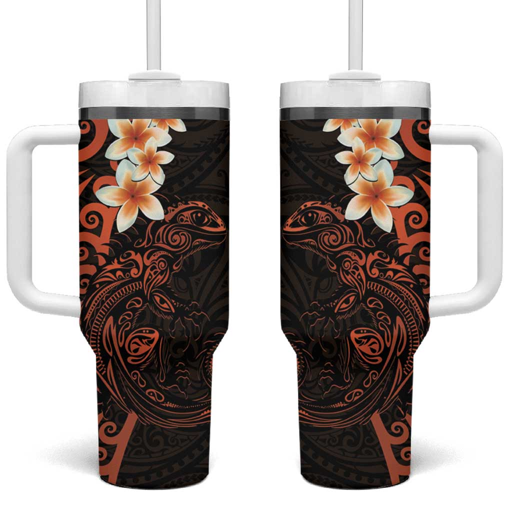 New Zealand Tuatara Plumeria Tumbler With Handle Maori Orange Koru Tribal Tattoo