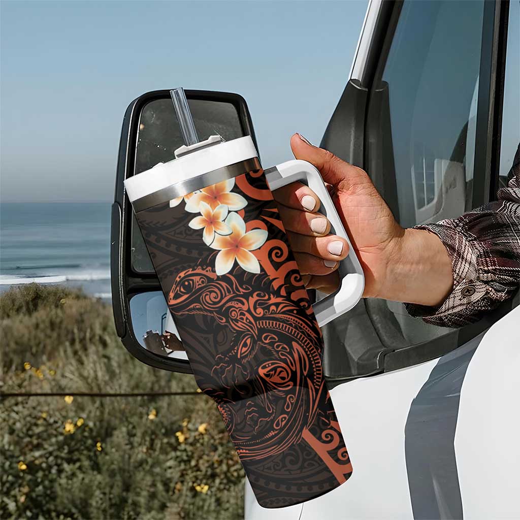 New Zealand Tuatara Plumeria Tumbler With Handle Maori Orange Koru Tribal Tattoo