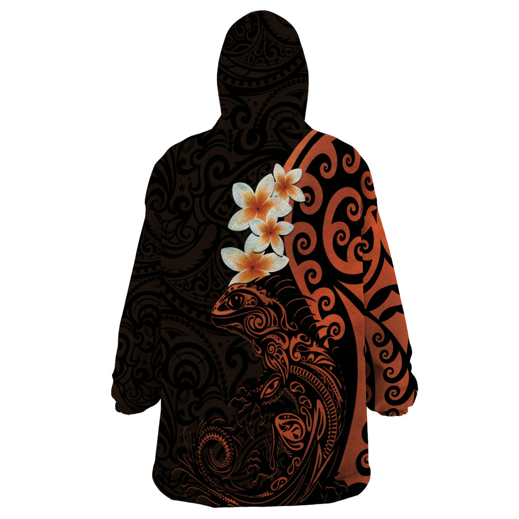New Zealand Tuatara Plumeria Wearable Blanket Hoodie Maori Orange Koru Tribal Tattoo