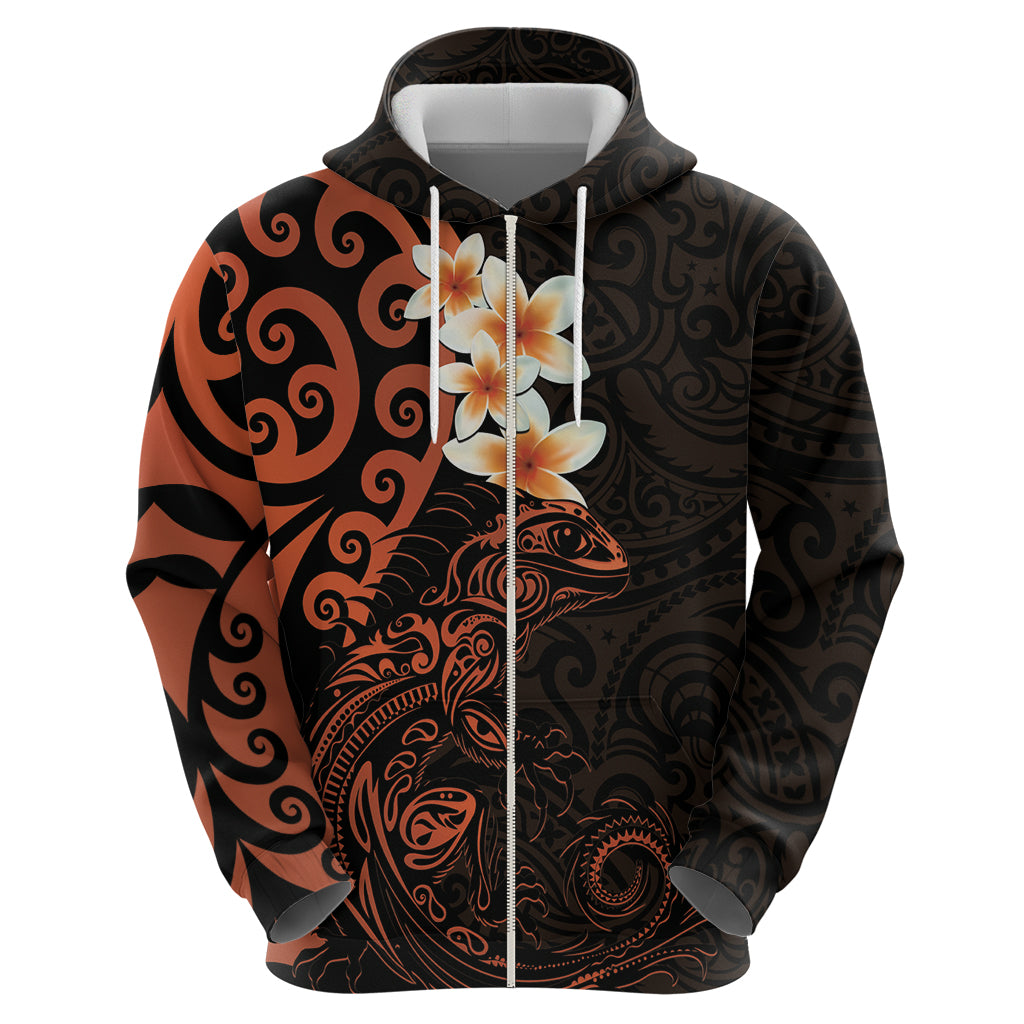 New Zealand Tuatara Plumeria Zip Hoodie Maori Orange Koru Tribal Tattoo LT01 - Polynesian Pride