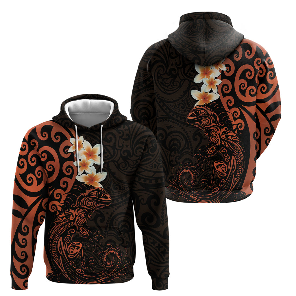 New Zealand Tuatara Plumeria Zip Hoodie Maori Orange Koru Tribal Tattoo LT01 - Polynesian Pride