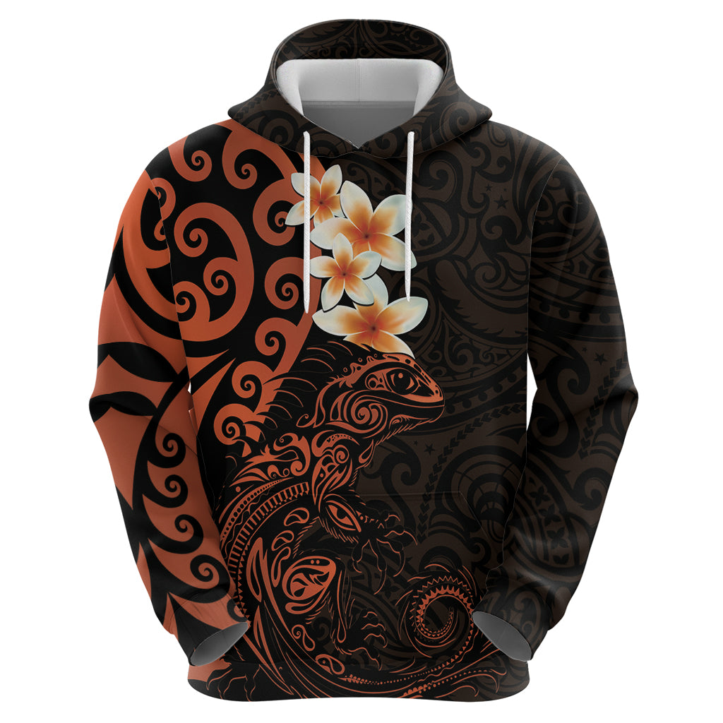 New Zealand Tuatara Plumeria Zip Hoodie Maori Orange Koru Tribal Tattoo LT01 - Polynesian Pride